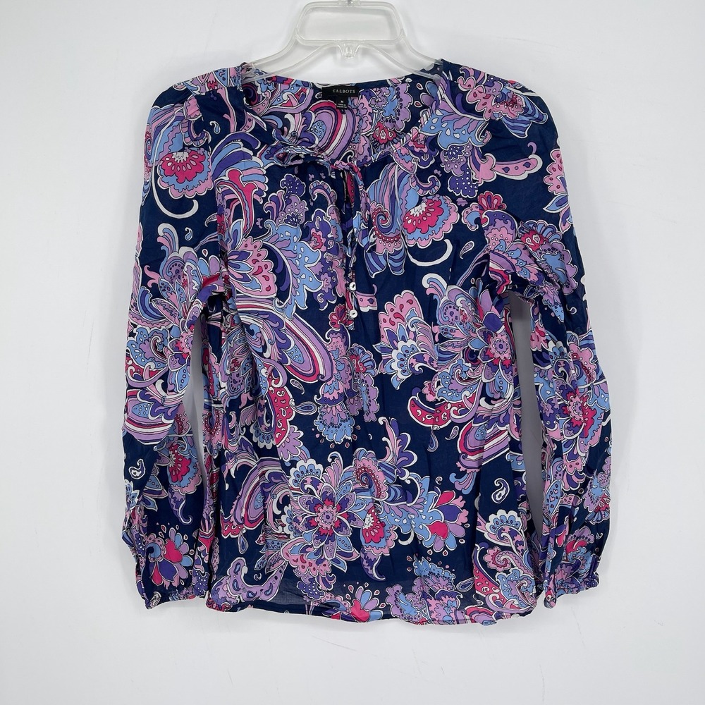Talbots Women's Navy Pink Paisley Tie Neck Long Sleeve Peasant‎ Boho Top Size M